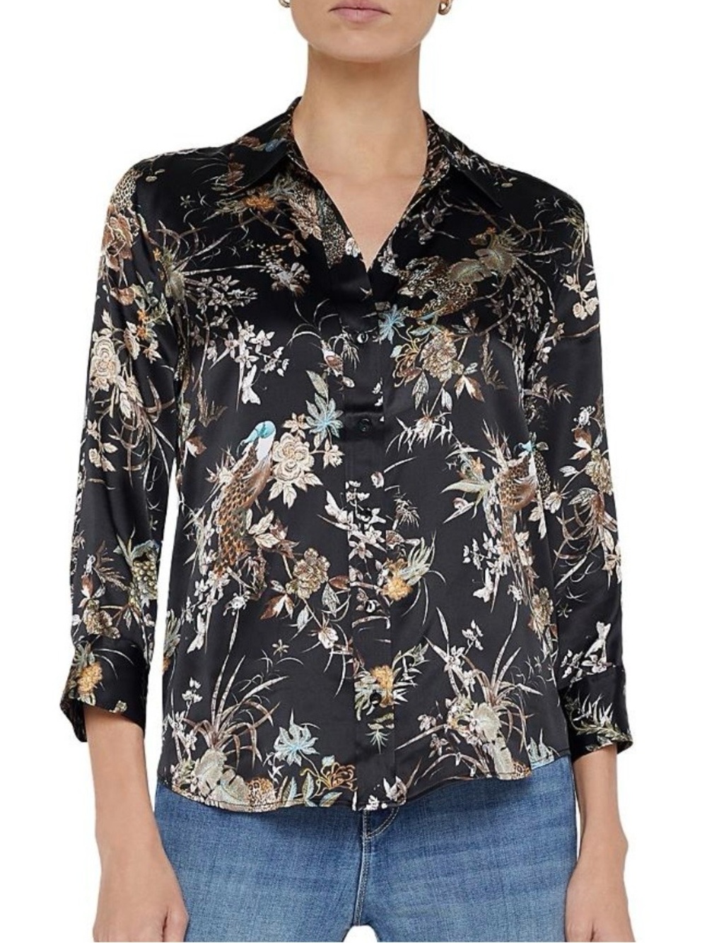 L’Agence Dani Silk Black Floral Button-Up 3/4 Sleeves Blouse size XXS